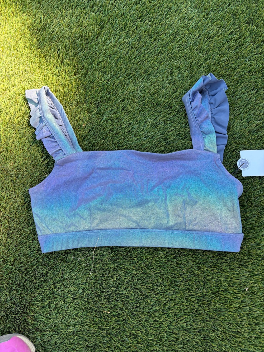 Ruffled Strap Iridescent Blue Crop Top